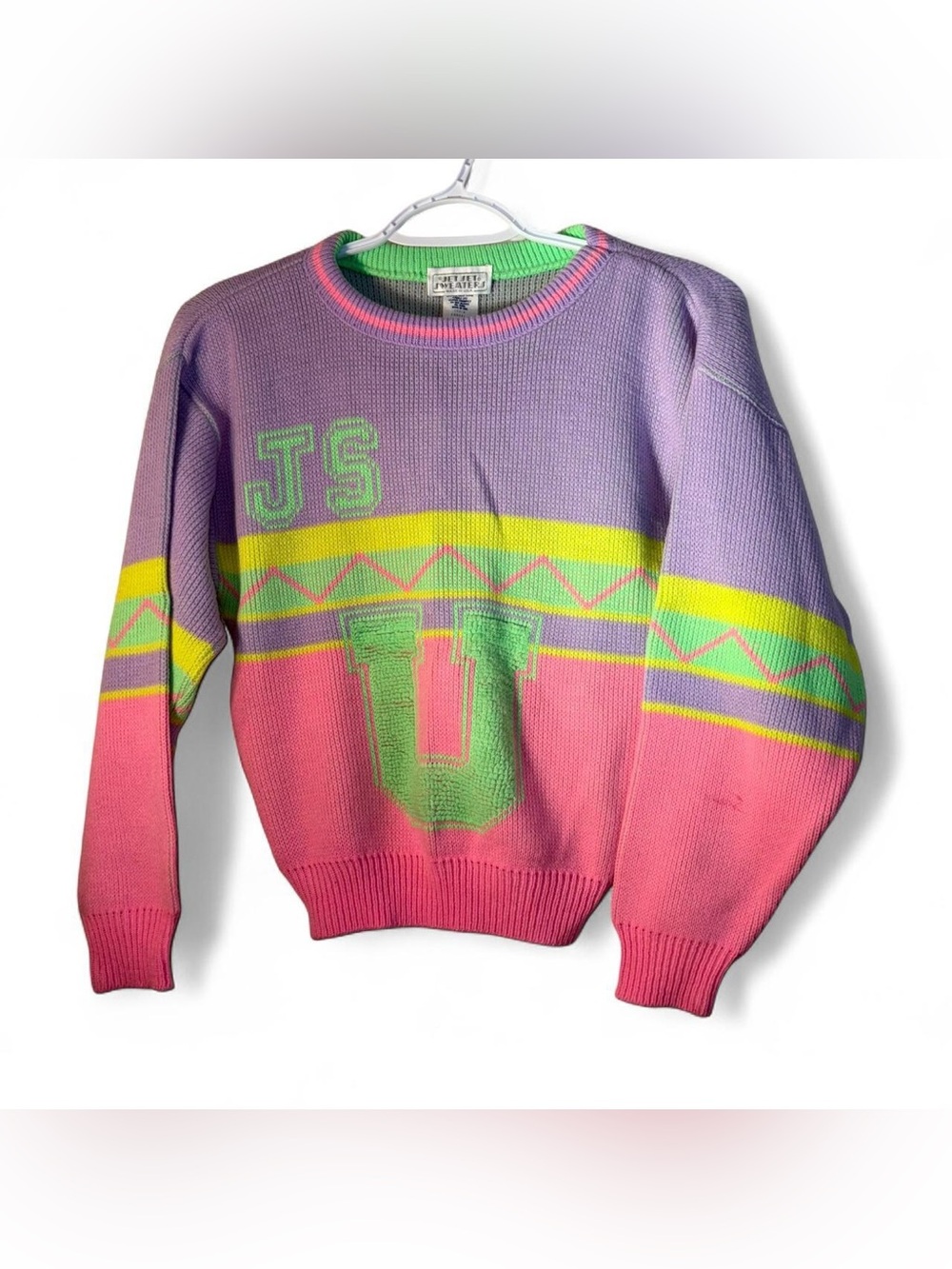 Vintage jet set Purple & Pink Colorblock Sweater with Green Lettering